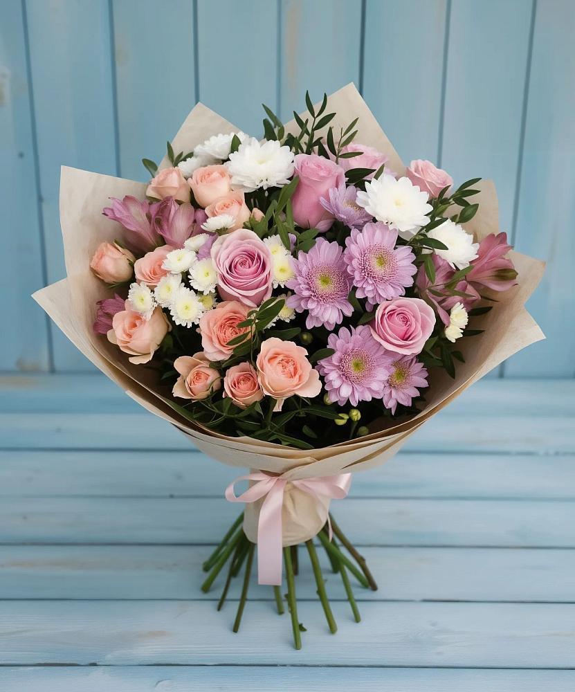 Букет цветов из: Хризантемы, Розы и Альстромерии в Рославле