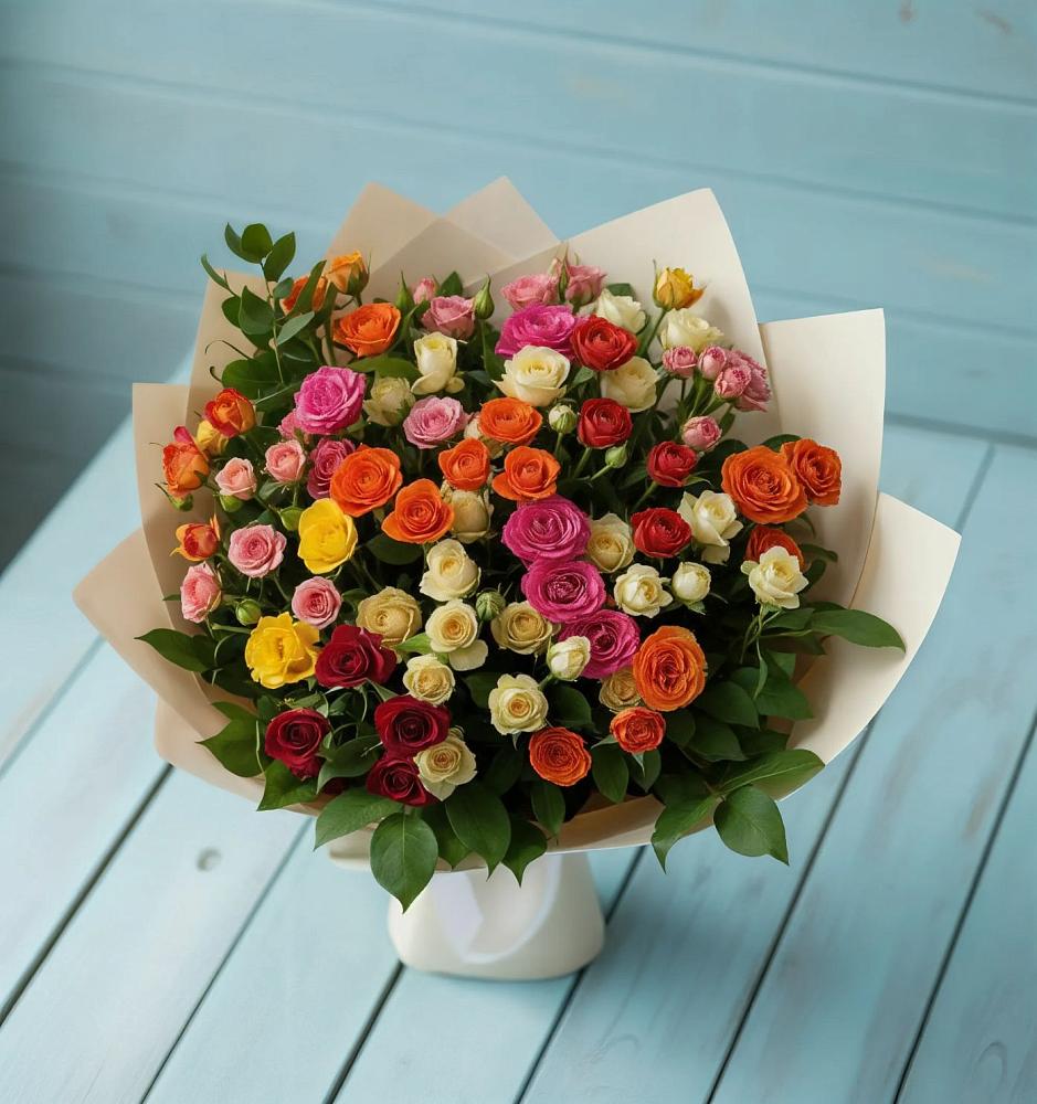 Букет Микс из разноцветных кустовых роз в Рославле
