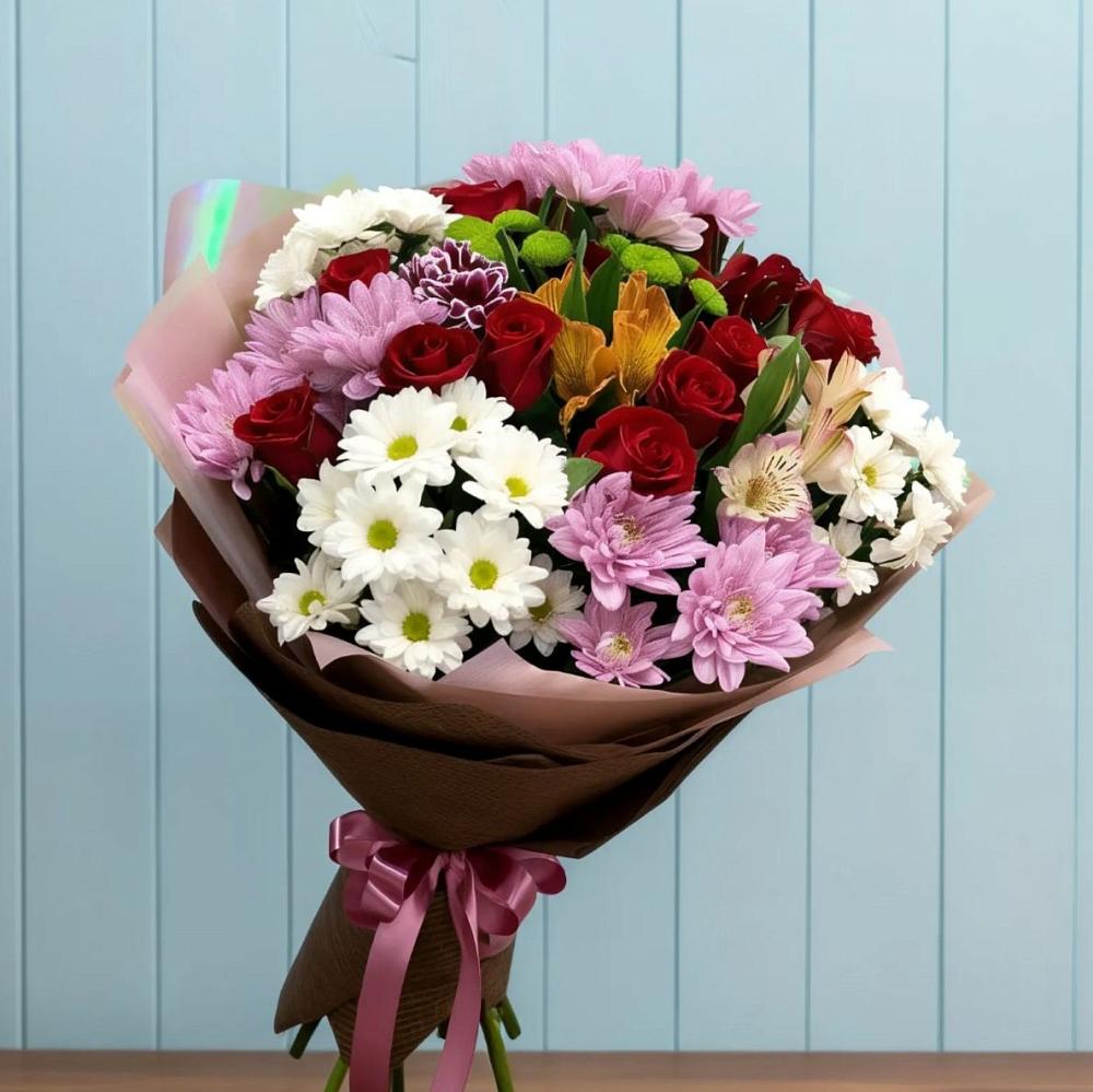 Букет цветов из: Розы, Хризантемы и Альстромерии в Рославле