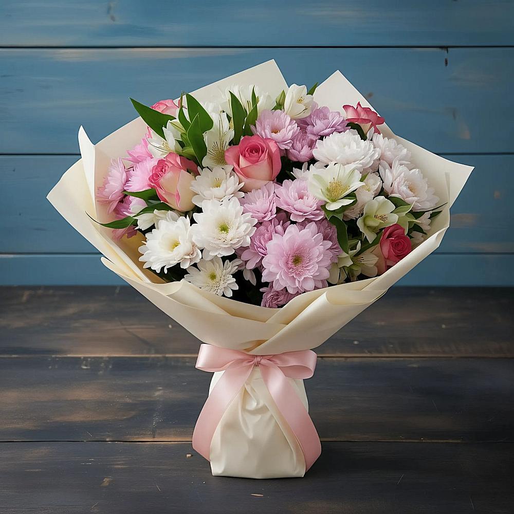 Букет цветов из: Хризантемы, Альстромерии и Розы в Рославле